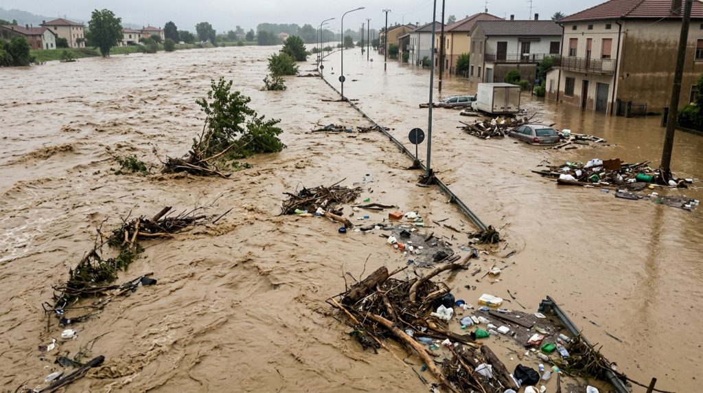 激しく濁り、ゴミや流木を巻き込んで渦巻く川の様子。川岸の道が浸水し、境界が分からなくなっている危機迫る光景