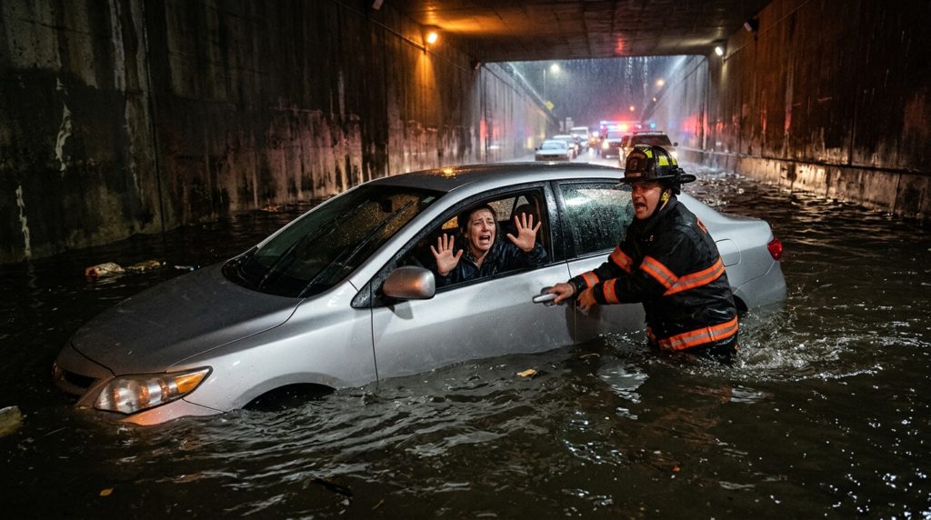 冠水したアンダーパスで、完全に水没しかけている車の様子。水面はドアの中間位置まで達しており、パニック状態を想起させる緊張感あふれる光景