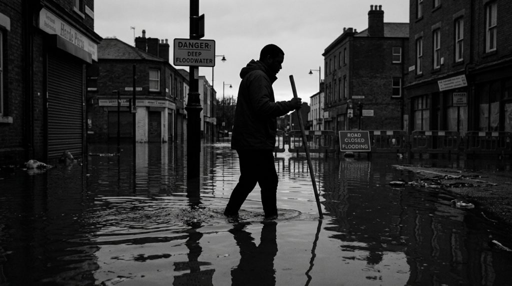 濁った水で冠水した街中を、長い棒を持って慎重に足元を探りながら歩く人のシルエット。周囲には注意喚起の看板が立っている危機感のある情景