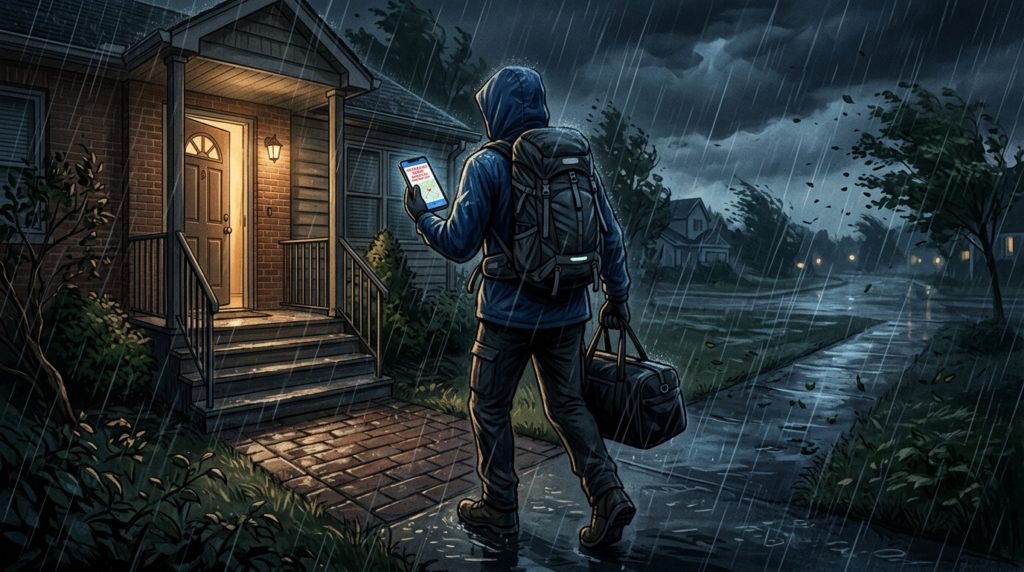 スマホで避難情報を確認し、迷わずカバンを持って自宅を出る決断をした人の後ろ姿。雨風の中、冷静で意志の強い雰囲気を醸し出すイラスト