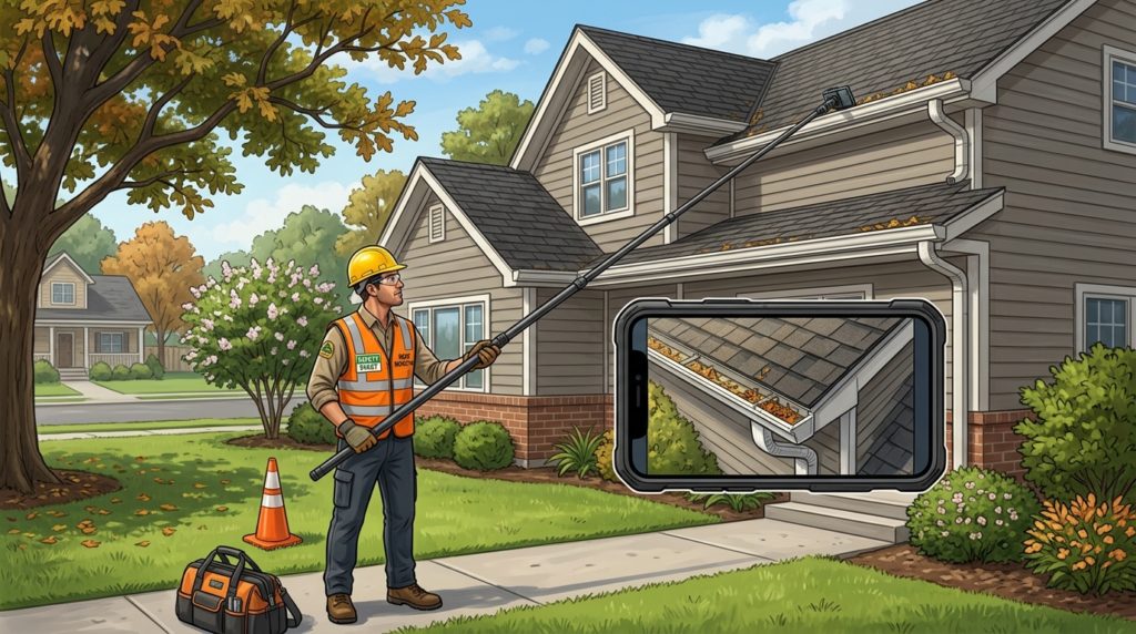 梯子には登らず、地上からスマホを使って家の屋根や雨どいを真剣にチェックしている人の様子。安全第一の姿勢が伝わるイラスト