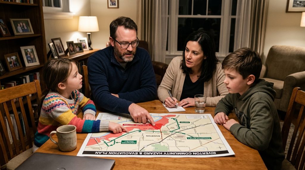 家族でリビングのテーブルにハザードマップを広げ、赤く塗りつぶされた危険エリアと避難所のルートを指差して話し合っている様子。冷静で現実的な準備の風景