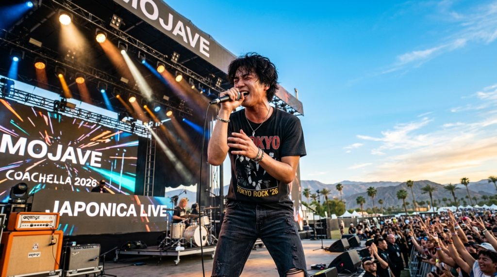 コーチェラ2026のMojaveステージで熱演する藤井風のイメージ。砂漠の空と青空を背景にスポットライトが輝くステージ