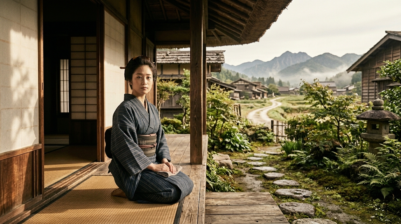 明治時代の農村を舞台にした朝ドラ風景のイメージ。縁側に座る着物姿の若い女性が遠くを見つめている。柔らかい朝の光が差し込む情景。