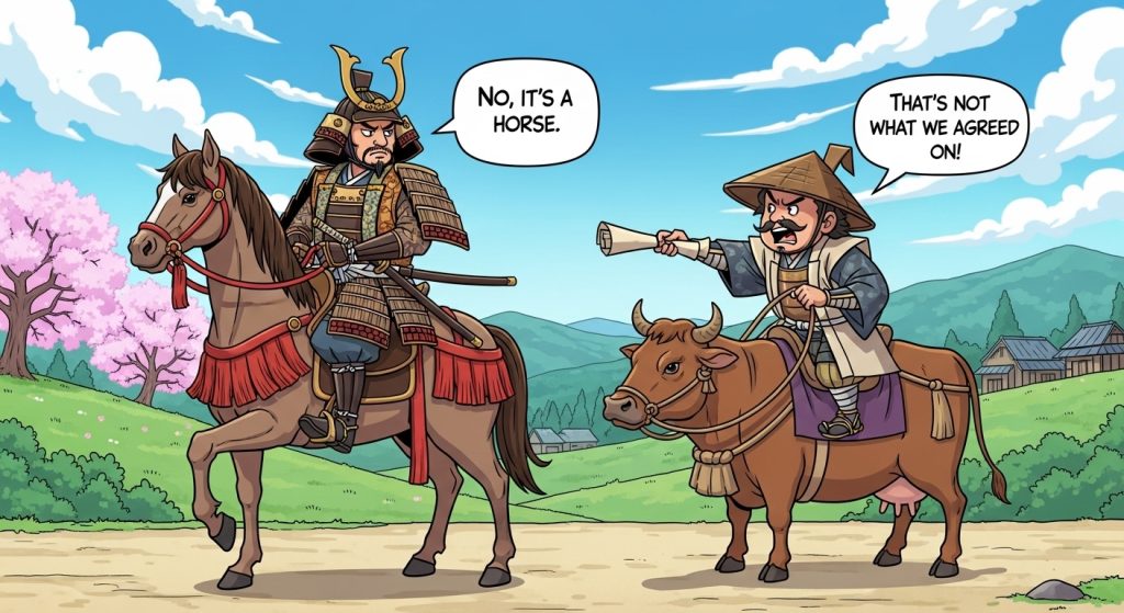 日本の戦国武将風の殿様二人が、道端で言い争っているコミカルなイラスト。片方は立派な馬に乗り、もう片方はのんびりした牛に乗っている。牛に乗った殿様が「話が違う！」と手紙を突きつけ、馬に乗った殿様は「いや午（うま）だし」と、そっぽを向いている様子。