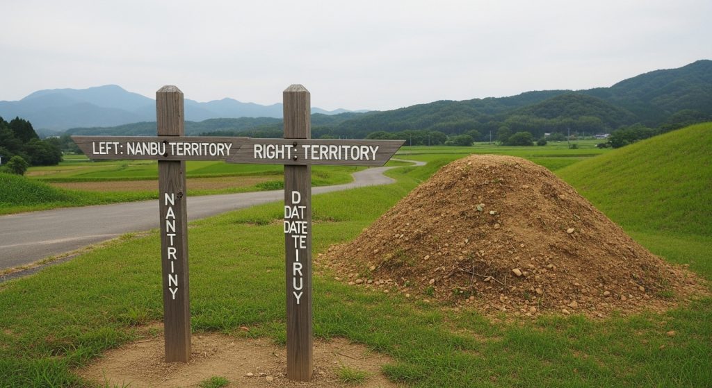 のどかな田舎道に復元された「藩境塚」の標柱と、こんもりとした土盛りの写真風イラスト。「左 南部領」「右 伊達領」と書かれた木の杭が立っており、二つの大藩の境界であったことを示している。歴史の重みを感じさせる雰囲気。