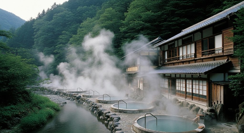 川沿いに湯けむりを上げる複数の露天風呂と、その横に佇む風情のある木造の湯治宿（旅館）。背景には深い緑のブナ林が広がり、まさに日本の秘湯といった趣の風景写真風イラスト。