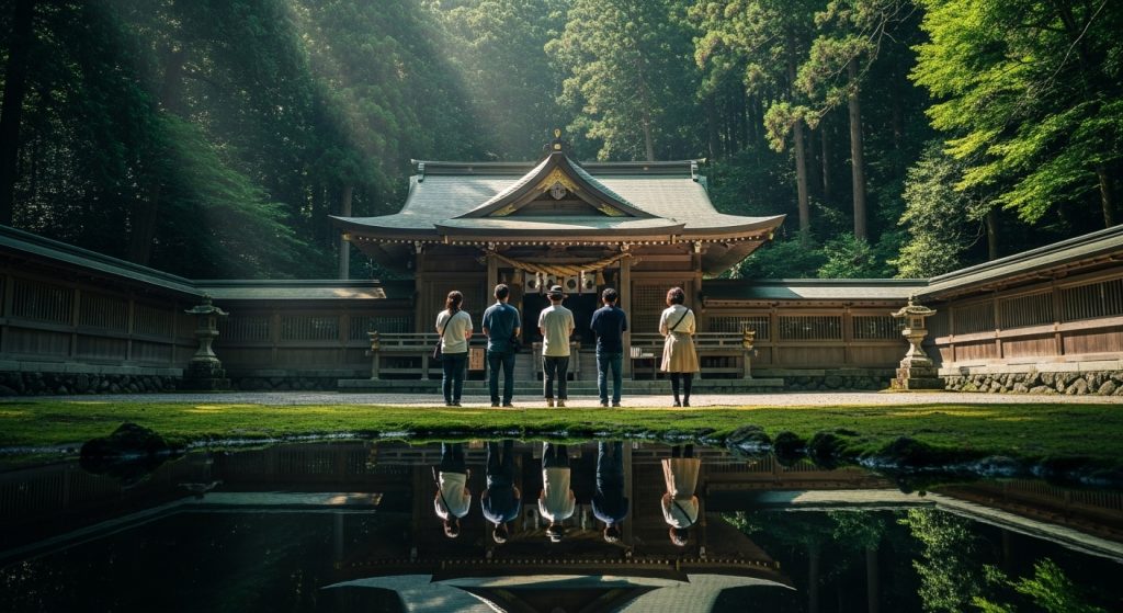 緑深い森の中に静かに佇む「日高見神社」の荘厳な拝殿。木々の間から太陽の光が差し込み、神社の神聖な雰囲気を際立たせている。参拝している日本人の後ろ姿が小さく写り込んでいる。
