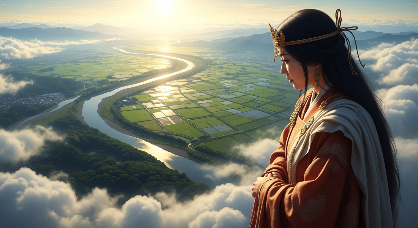 古代の衣装をまとった美しい日本の女神(天照大神のイメージ)が、雲の上から下界を見下ろしている。彼女の視線の先には、朝日を浴びて輝く雄大な川と緑の大地(日高見国)が広がっている。全体的に神々しく、温かい光に満ちた幻想的なイラスト。人物は日本人。画像サイズ 16:9。