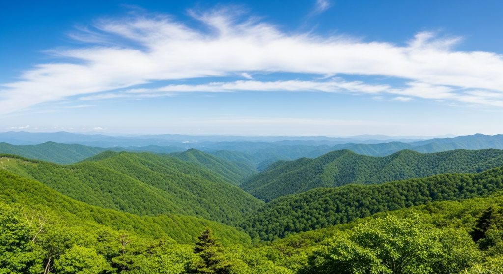 山の頂上から撮影した、見渡す限り緑の木々で覆われた「毛無森」の美しい風景。青い空と白い雲が広がり、名前の印象とは真逆の、生命力あふれる豊かな自然が伝わる写真。