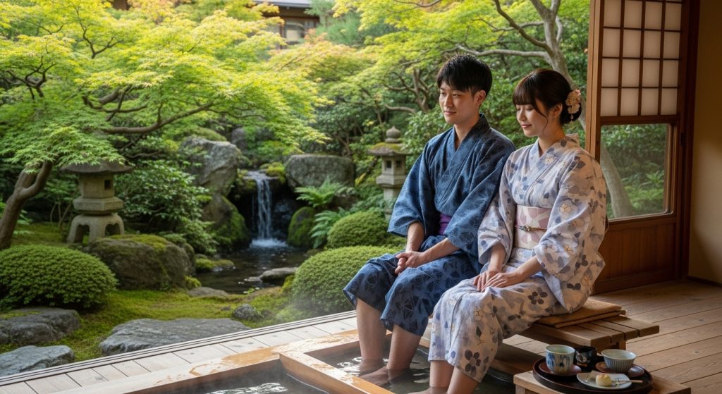 浴衣を着た日本人の若いカップルが、風情のある温泉旅館の縁側で楽しそうに足湯に浸かっている様子。背景には緑豊かな庭園が広がり、リラックスした雰囲気が伝わってくる。