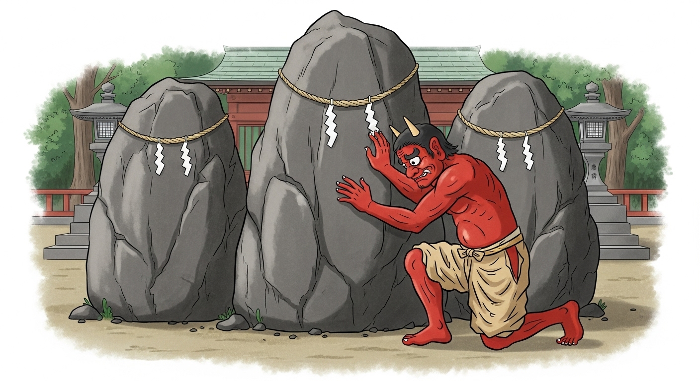 巨大で神々しい3つの岩の前で、日本の伝統的な赤鬼が片膝をつき、岩に手を押し付けている。鬼の表情は反省しているようで、少し困ったような、でもどこかユーモラスな雰囲気。背景は三ツ石神社の境内で、厳かでありながらも昔話のような温かみのあるイラスト。人物(鬼)は日本人(の鬼)。画像サイズ 16:9。