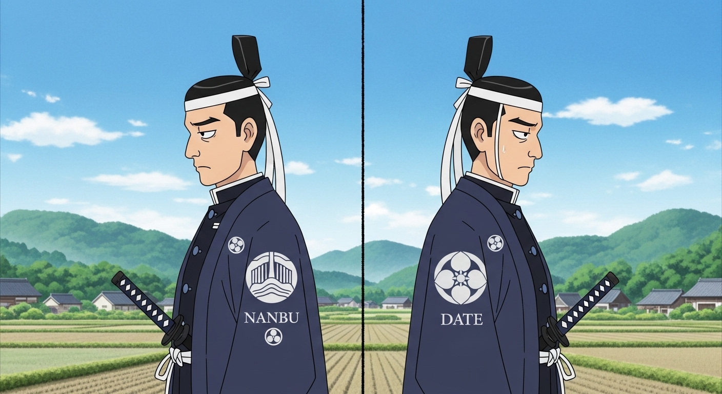 日本の殿様風のキャラクター2人が、真ん中に引かれた一本の線を挟んで、お互いに背中を向けてプイッと拗ねているコミカルなイラスト。一人は南部家の家紋、もう一人は伊達家の家紋をつけた羽織を着ている。背景はのどかな田園風景で、気まずいけどどこか微笑ましい雰囲気を表現。人物は日本人。