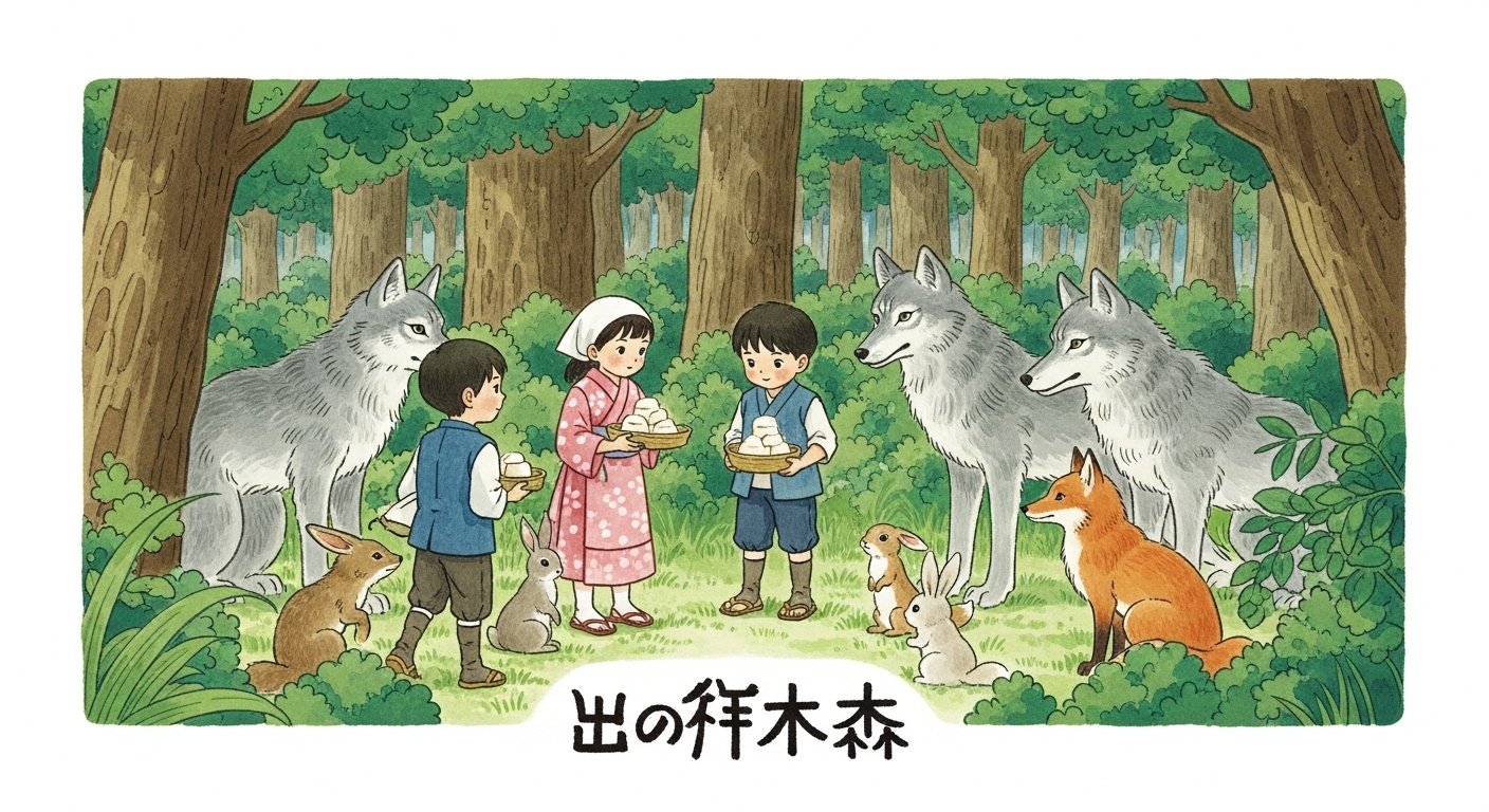 宮沢賢治の童話の挿絵のような、温かみのあるタッチのイラスト。緑豊かな「狼森」の麓で、昔の農民スタイルの子供たちが、森の動物たち(狼、うさぎ、キツネなど)に粟餅を差し出している。人間と自然が仲良く共存している、心温まる平和な情景。人物は日本人。