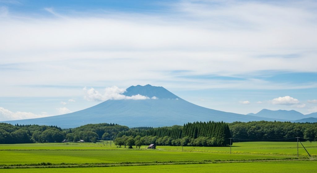 小岩井農場の広大な緑の牧草地。その向こうに、こんもりとした「狼森」「笊森」「盗森」が並んで見え、さらにその奥には雄大な岩手山がそびえている。宮沢賢治が見たであろう、イーハトーブの原風景。