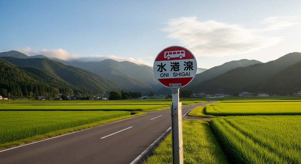 日本ののどかな田舎道にポツンと立つバス停の標識。標識にははっきりと「鬼死骸」の文字が書かれている。背景には緑の田んぼや山々が広がり、名前の物々しさと風景の穏やかさのギャップが面白い写真。