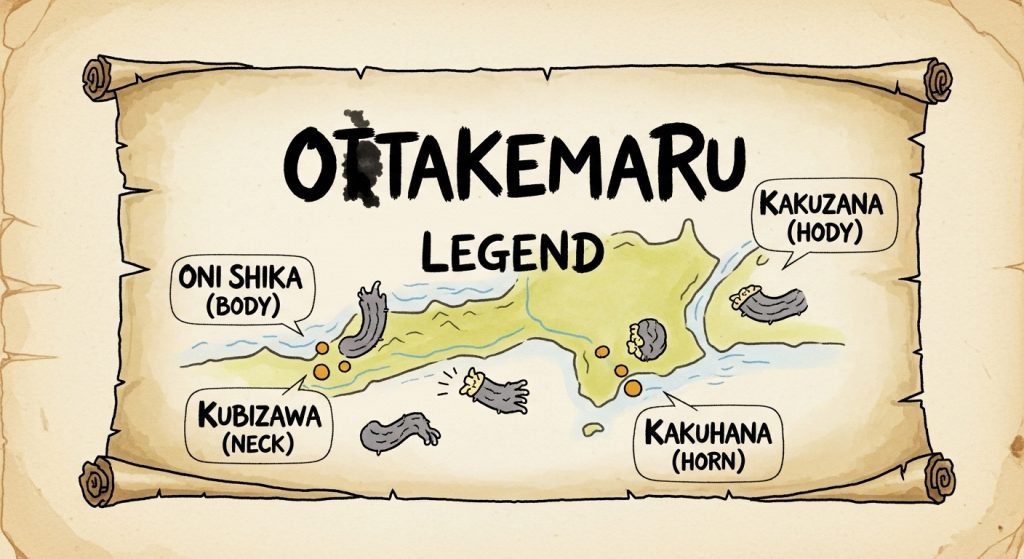 鬼の伝説を解説する、少し古びた巻物風のイラスト。中央に「大武丸伝説」と書かれ、簡略化された地図上に「鬼死骸（胴）」「首沢（首）」「角鼻（角）」といった地名と対応する体の部位が、墨で描かれたようなタッチで示されている。遊び心があり、分かりやすい図解。