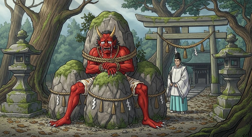 日本の古い神社の境内。注連縄が巻かれた3つの巨大な岩に、恐ろしい姿の鬼（日本の伝統的な赤鬼など）が縛り付けられている。鬼は涙を流して反省しており、神官風の人物がその様子を厳かに見守っている伝説の一場面を描いたイラスト。
