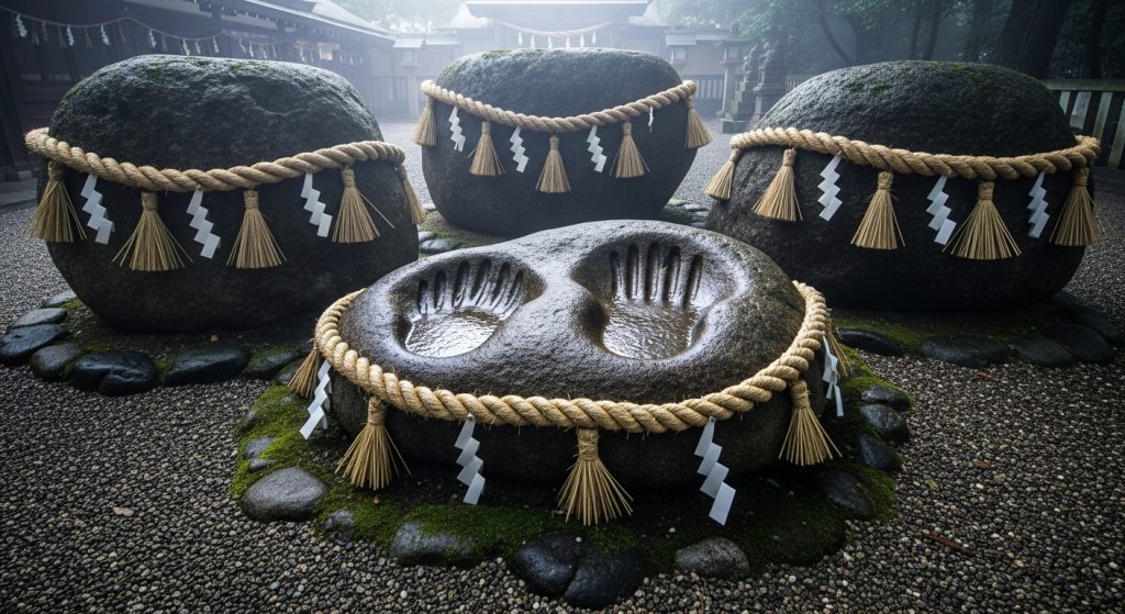 三ツ石神社の境内にある、注連縄が巻かれた3つの巨大な岩の実写風イラスト。岩の表面に、かすかに人の手の形のような窪みがあり、そこだけが少し濡れて色が濃くなっている。神秘的で、伝説の信憑性を感じさせる雰囲気。