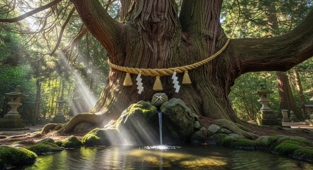 雫石神社の境内。古い大きな杉の木の根元に、注連縄が張られた神聖な岩があり、そこから清らかな水が静かに湧き出ている。木漏れ日が水面をキラキラと照らし、神秘的で清浄な空気が流れている写真風のイラスト。