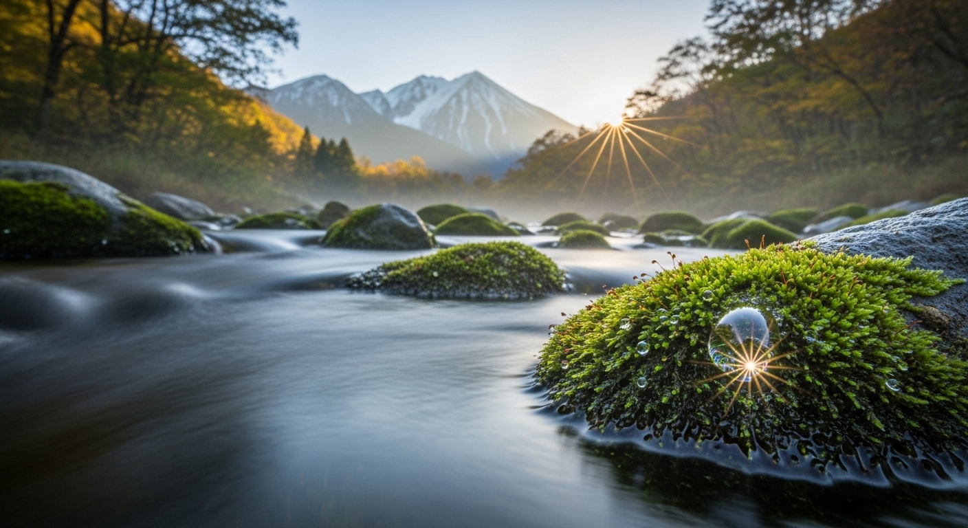 岩手山の雄大な姿を背景に、キラキラと輝く清流が流れている風景。川の中の苔むした岩の上には、朝露に濡れた一粒の大きな雫(しずく)が宝石のように輝いている様子をクローズアップ。自然の美しさと「雫石」という名前の清らかなイメージがダイレクトに伝わる、詩的で美しい写真。
