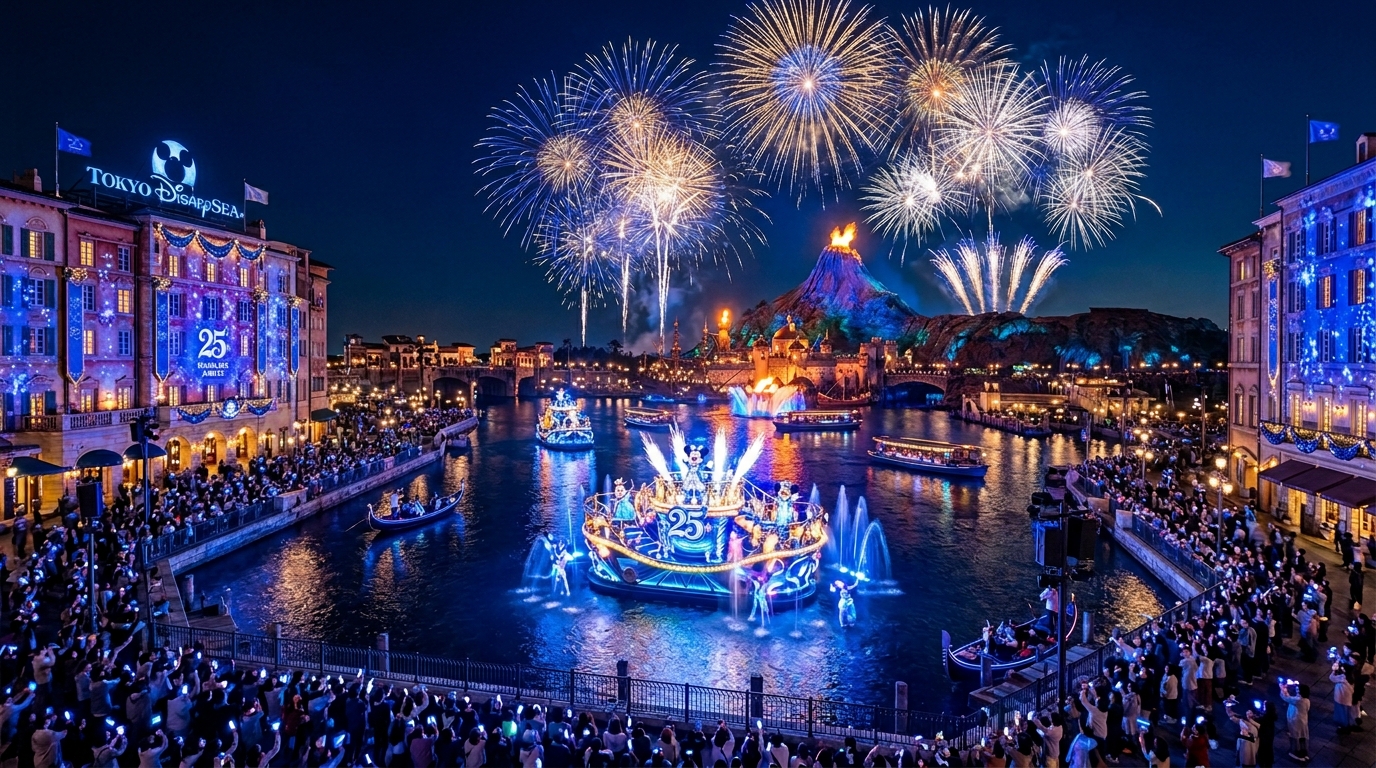 東京ディズニーシー25周年スパークリング・ジュビリーのイメージ。ジュビリーブルーに彩られたメディテレーニアンハーバーと夜景の演出