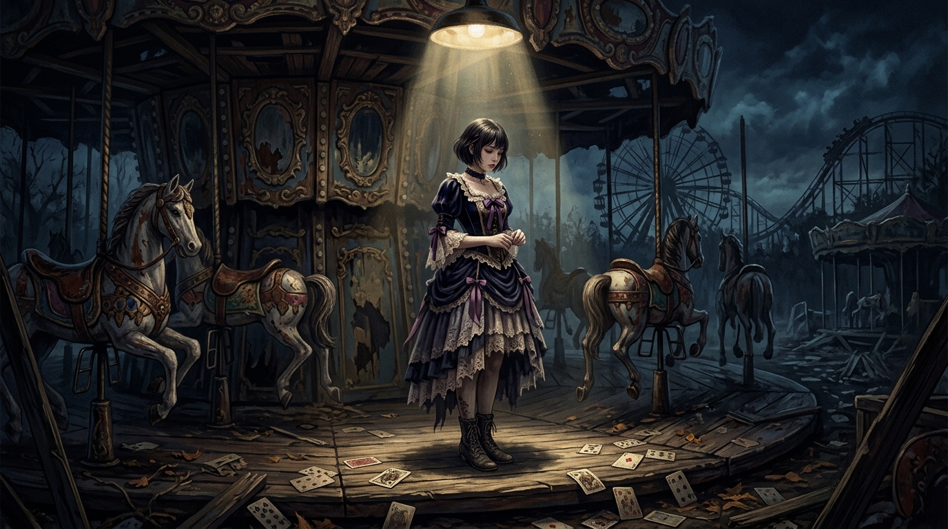 ダークファンタジーな雰囲気のサーカス空間に立つ女性のイラスト——Ado「アイ・アイ・ア」のMV世界観をイメージ